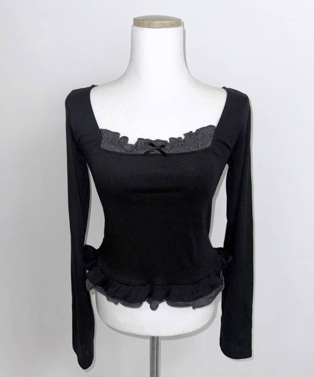 假兩件方領長袖上衣 Square Neck Fake Two-Piece Long-Sleeved Top