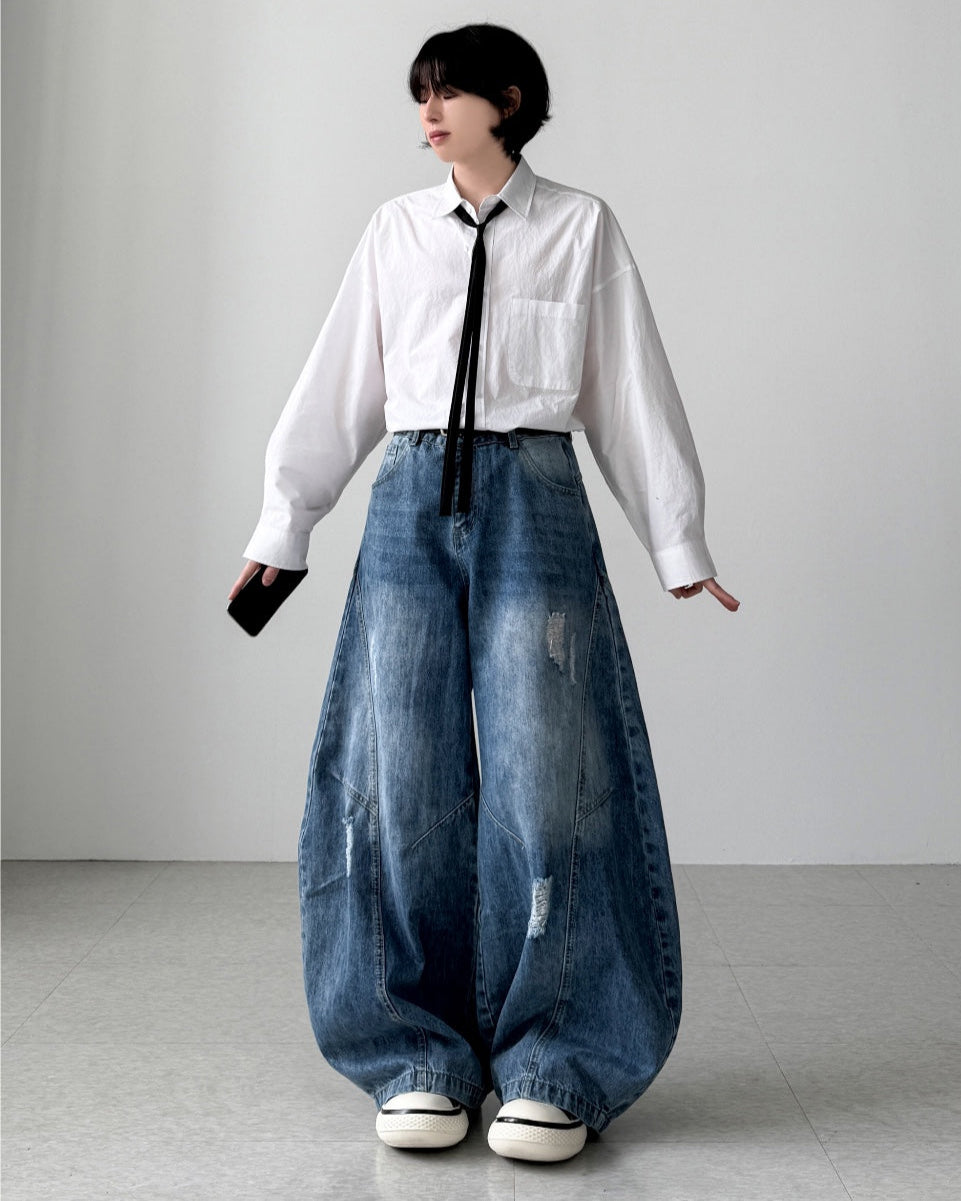 【Unisex】水洗彎刀牛仔褲 Washed High-rise Barrel-leg Jeans
