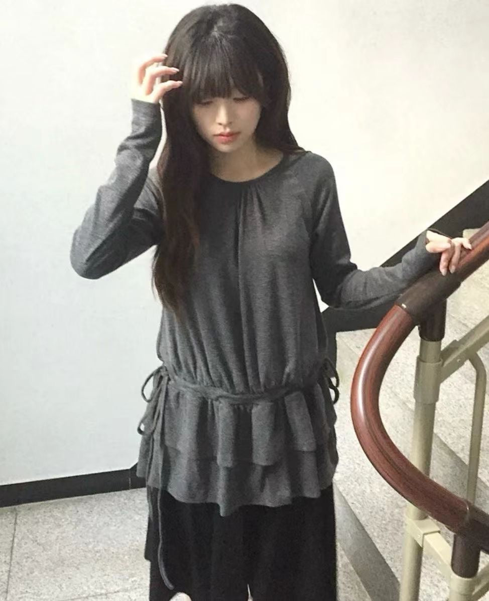 抽繩雙重花邊長袖上衣 Drawstring Double Ruffle Long Sleeve Top