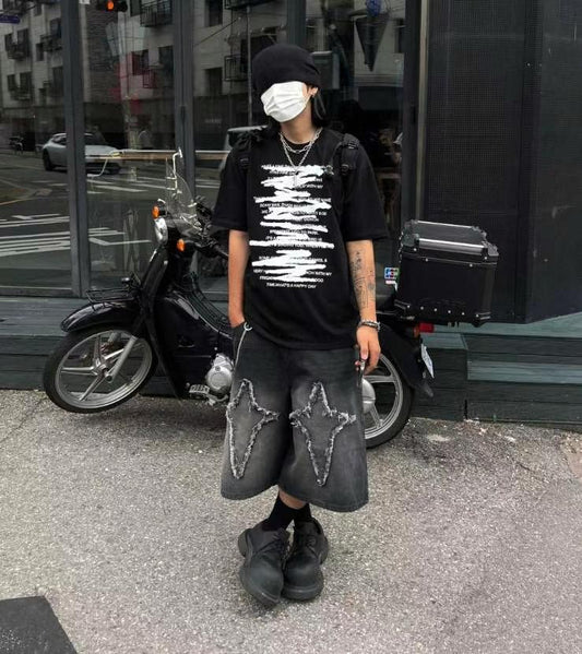 【Unisex】十字星牛仔五分褲 Cross Star Denim Pants