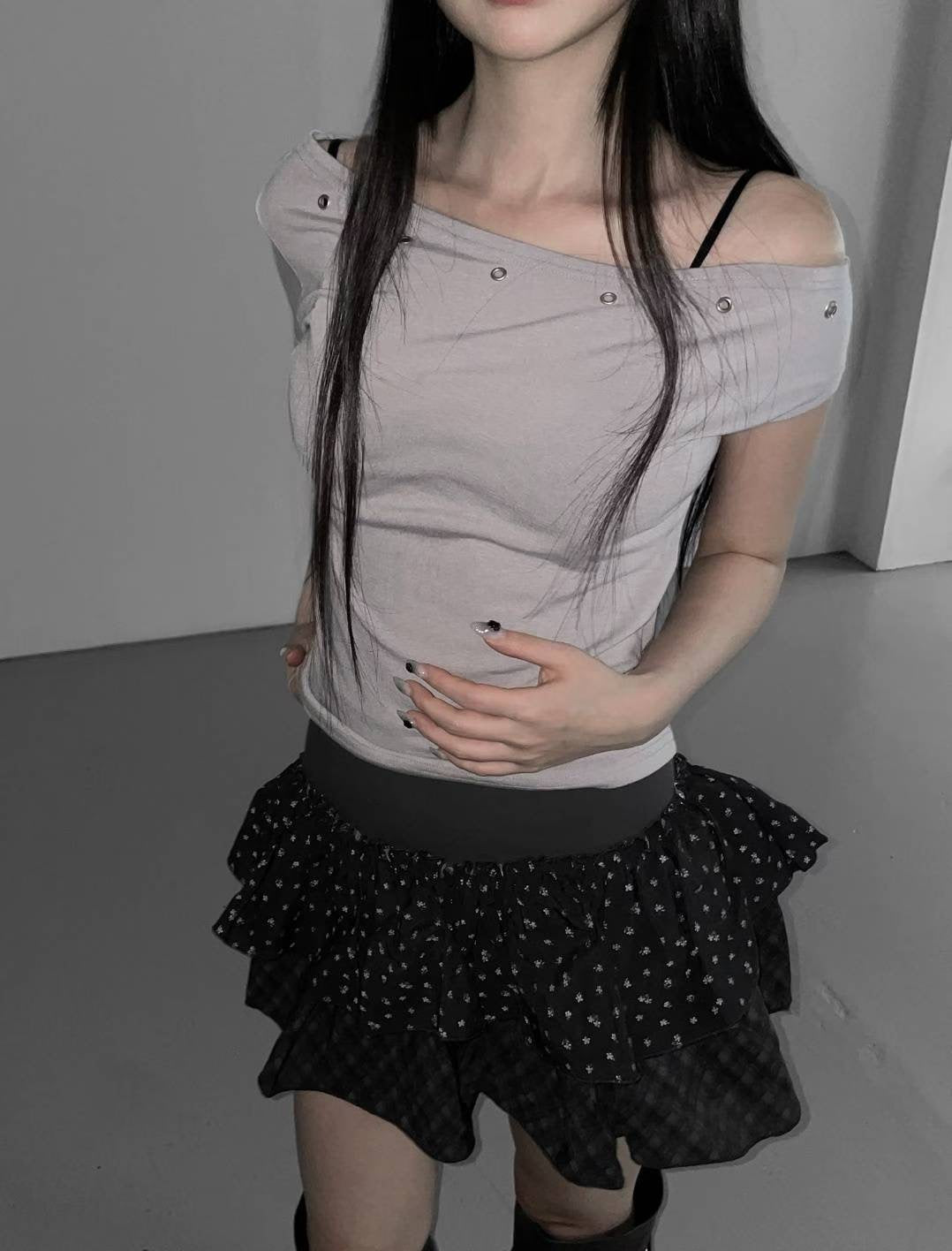 格紋碎花拼接蛋糕裙 Plaid Floral Patchwork Cake Skirt