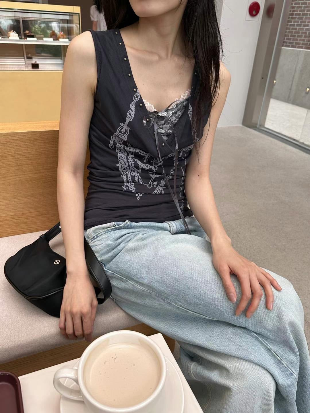 蕩領蕾絲印花背心 Cowl Neck Lace Tank Top