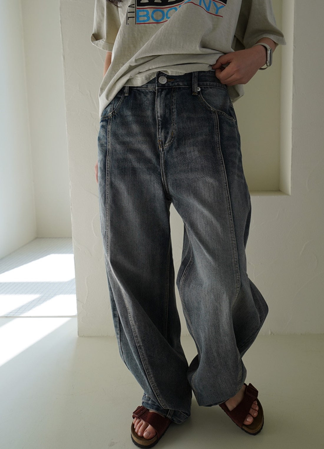 【Unisex】水洗牛仔寬褲 Washed Wide Denim Pants