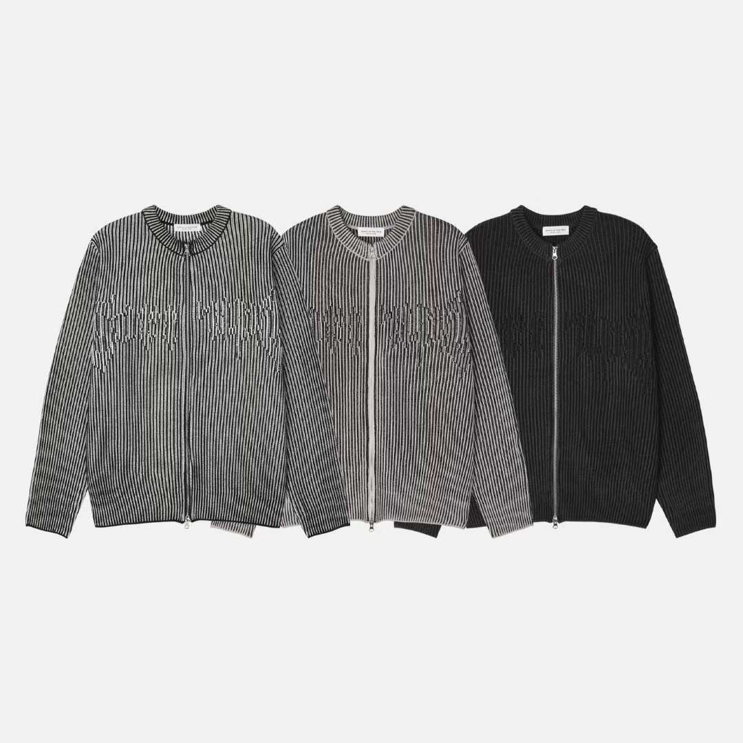 【Unisex】條紋雙拉鍊針織外套 Striped Double-Zip Knit Jacket