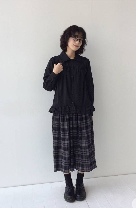 復古裙擺長袖恤衫 Retro Peplum Long Sleeve Shirt