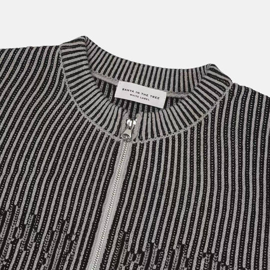 【Unisex】條紋雙拉鍊針織外套 Striped Double-Zip Knit Jacket