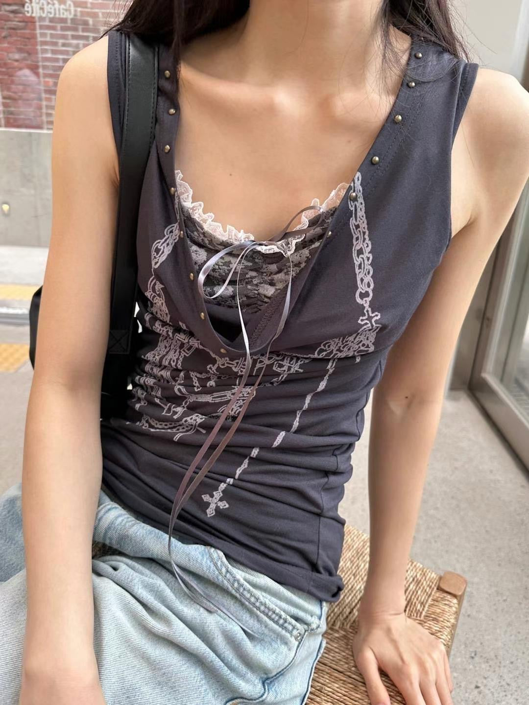 蕩領蕾絲印花背心 Cowl Neck Lace Tank Top