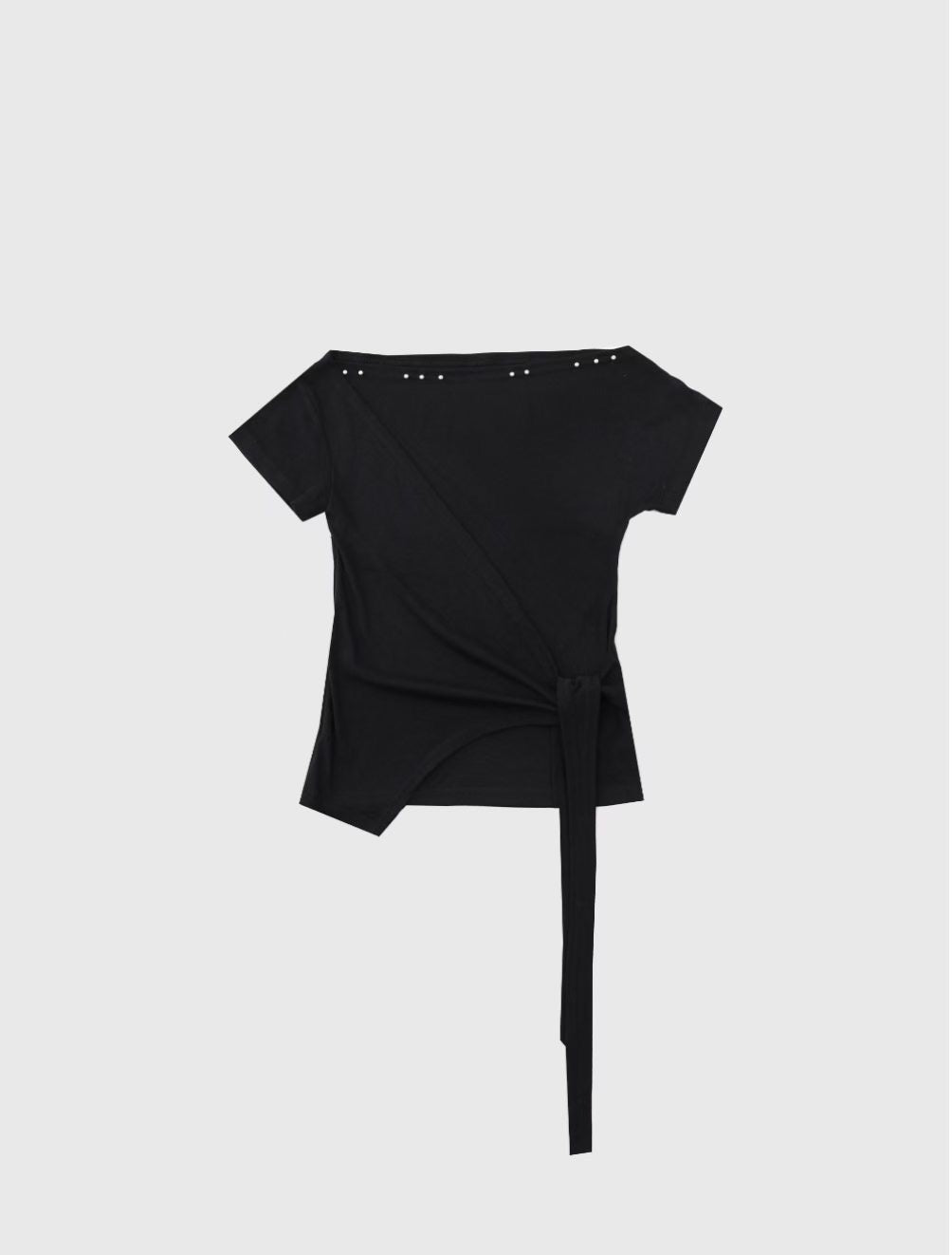 露肩不規則綁帶短袖上衣 Off-Shoulder Asymmetrical Tie Short SleeveTop