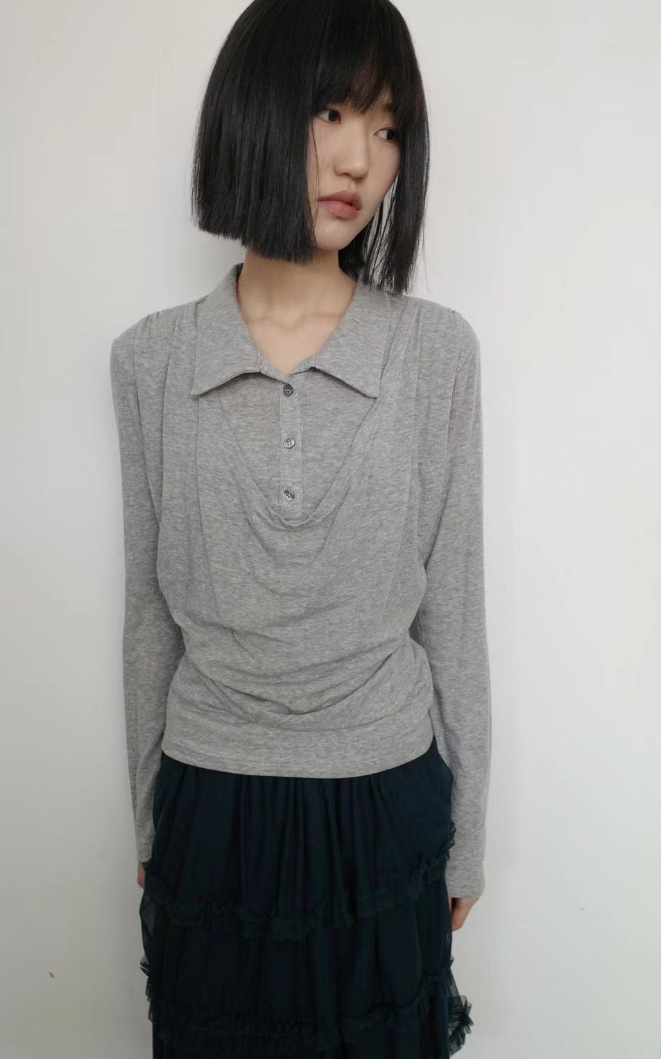 蕩領鈕扣長袖上衣 Cowl NecK Long-Sleeved Button top
