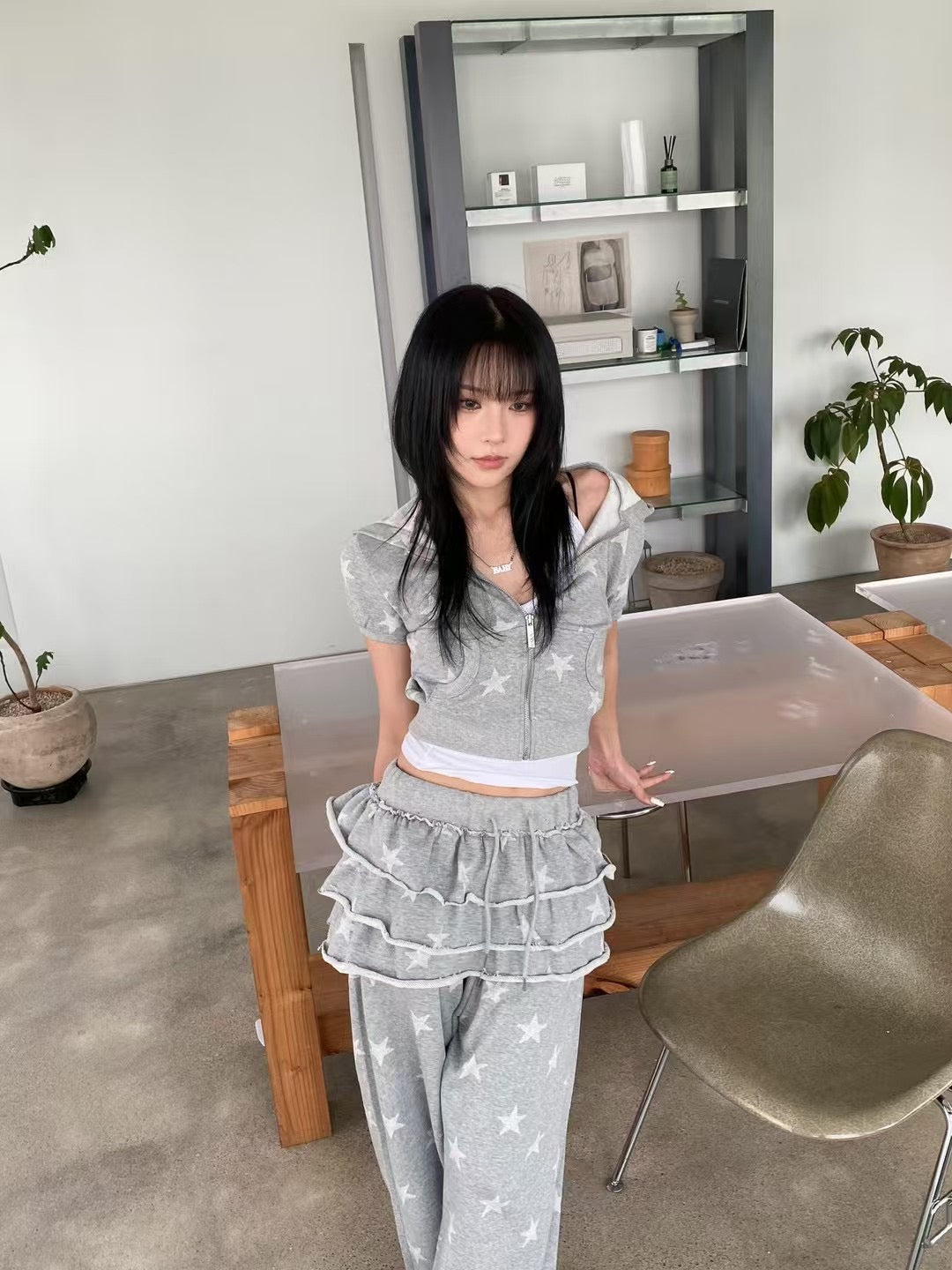 星星印花連帽短袖上衣 Star Print Hooded Short Sleeve Top