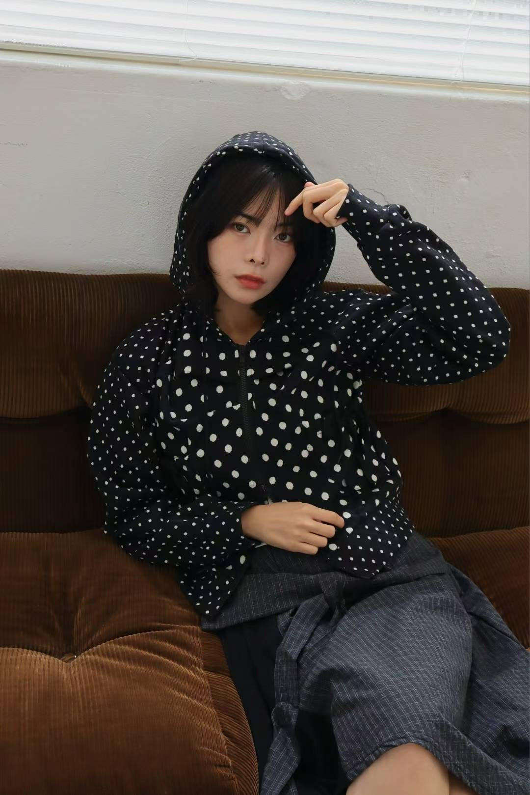 波點雙拉鍊連帽外套 Polka Dot Double Zip Hooded Jacket