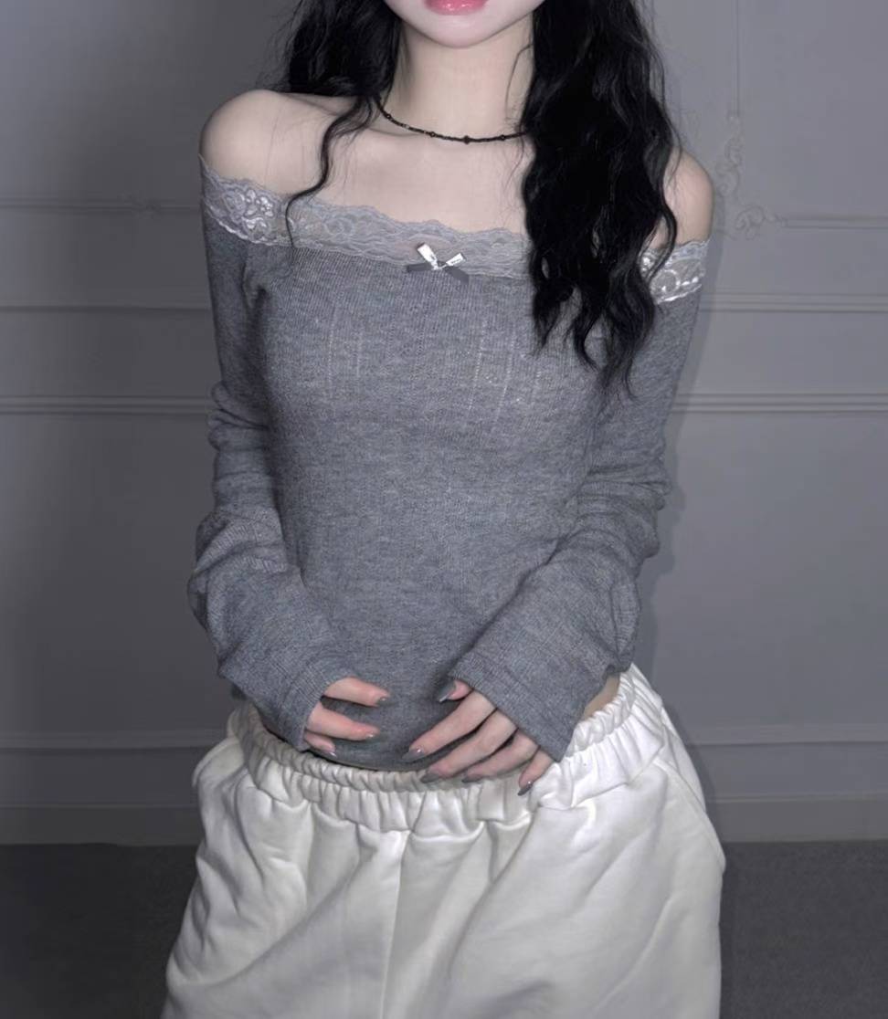 蕾絲蝴蝶結一字肩長袖上衣Lace Bow One-Shoulder Long-Sleeved Top