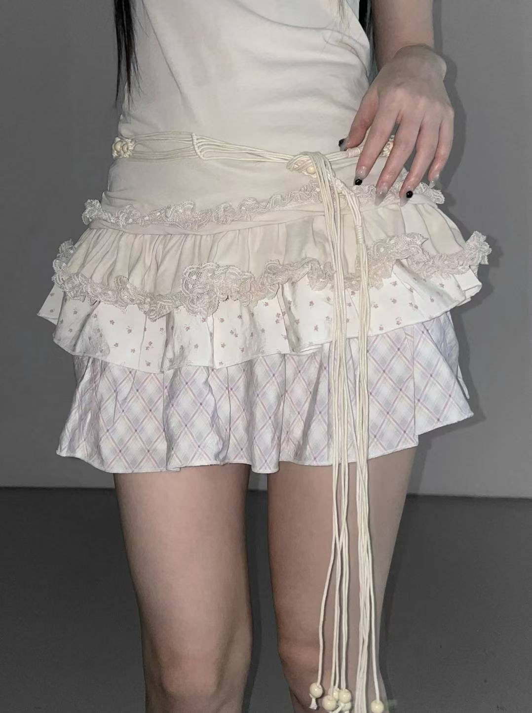 格紋碎花拼接蛋糕裙 Plaid Floral Patchwork Cake Skirt