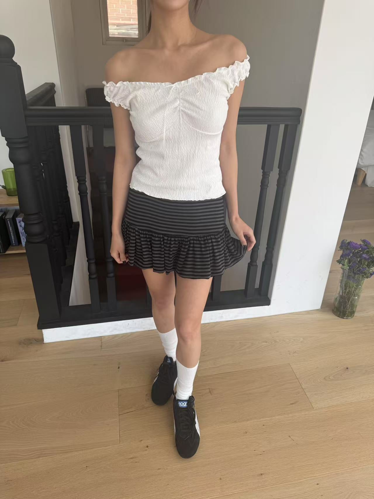 復古條紋皺摺短裙 Vintage Striped Pleated Skirt