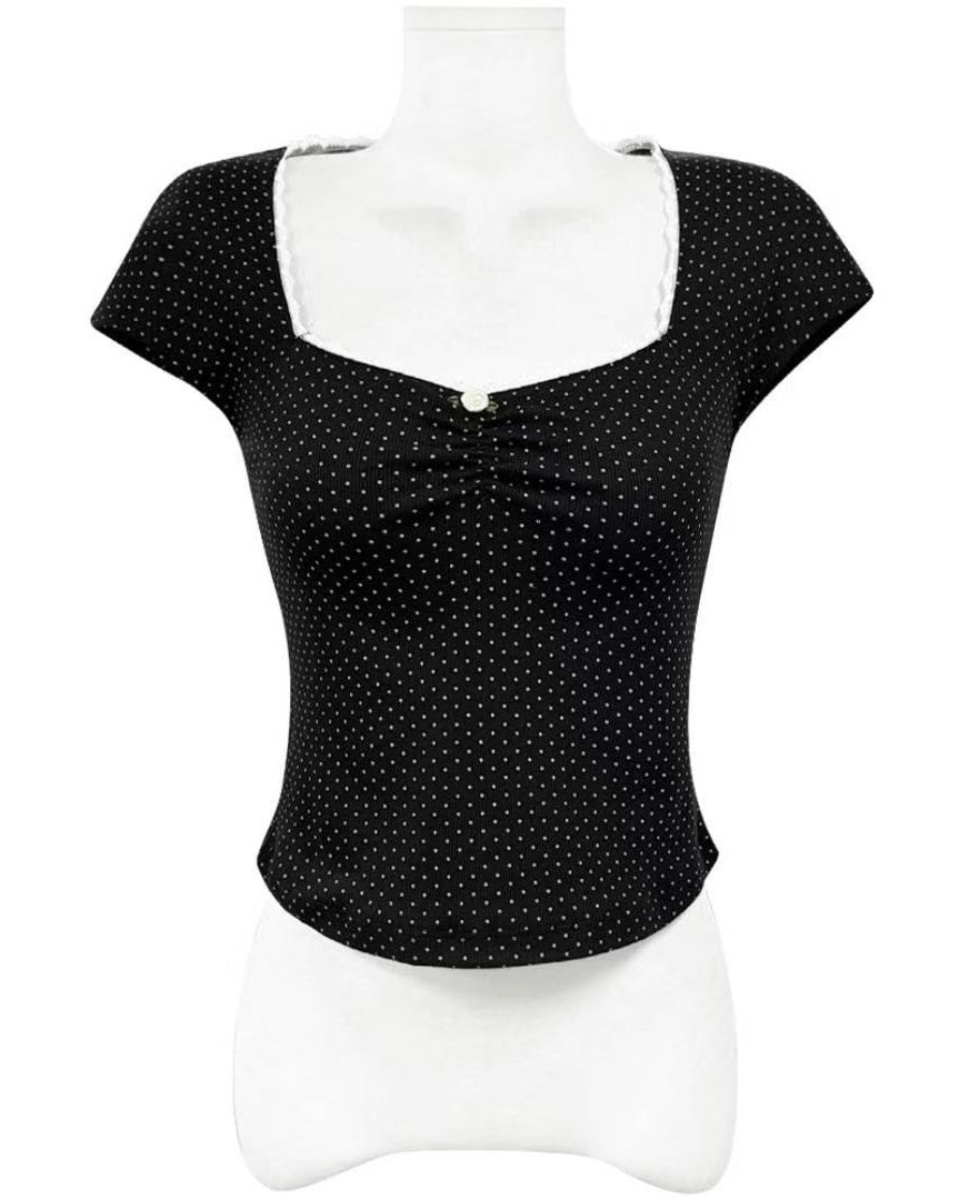 波點方領短袖上衣 Polka Dot Square Neck Short Sleeve Top