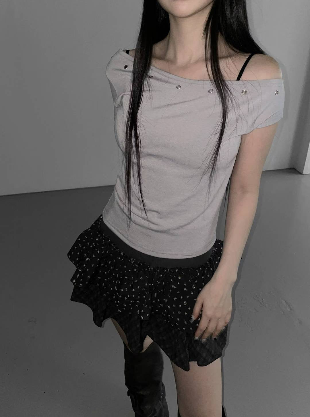 格紋碎花拼接蛋糕裙 Plaid Floral Patchwork Cake Skirt