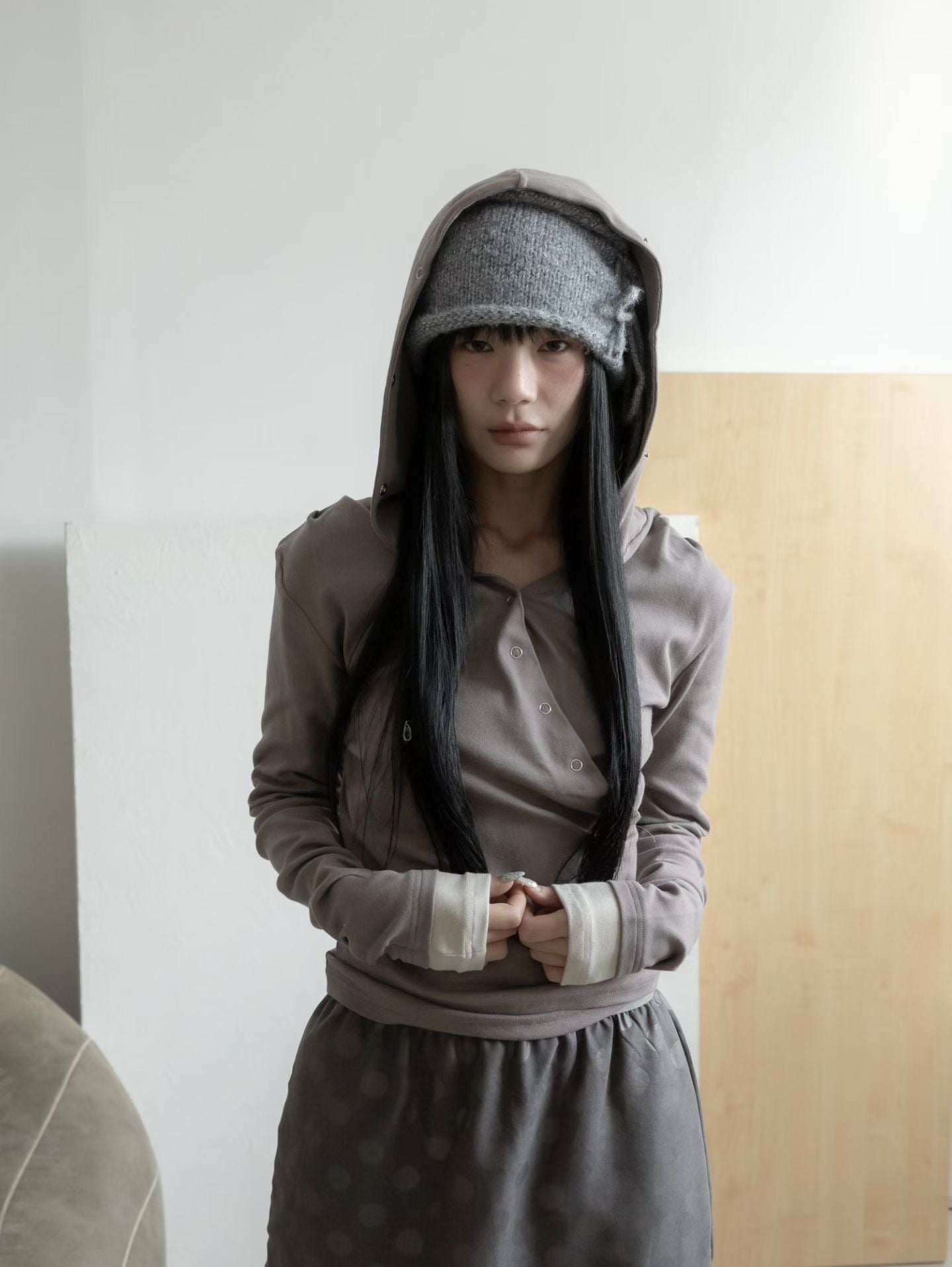 假兩件v領連帽長袖上衣 Fake Two-Piece V-Neck Hooded Long-Sleeved Top