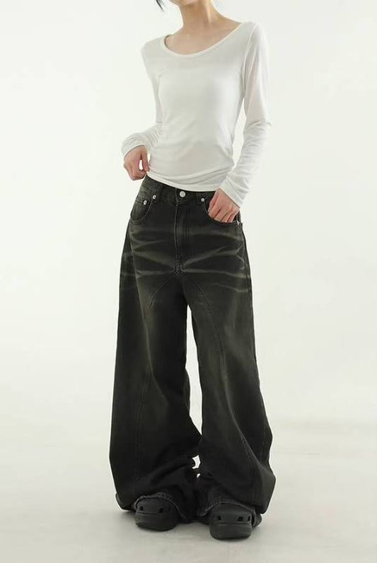 【Unisex】鈕扣彎刀牛仔褲 Button Barrel-leg Jeans