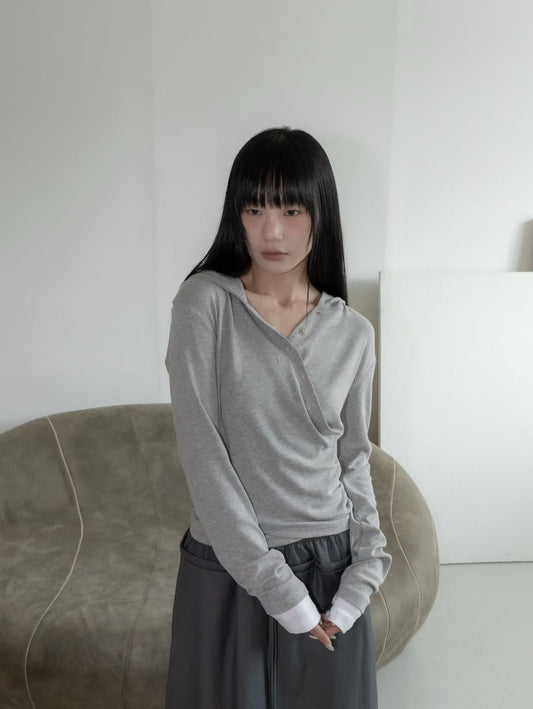 假兩件v領連帽長袖上衣 Fake Two-Piece V-Neck Hooded Long-Sleeved Top