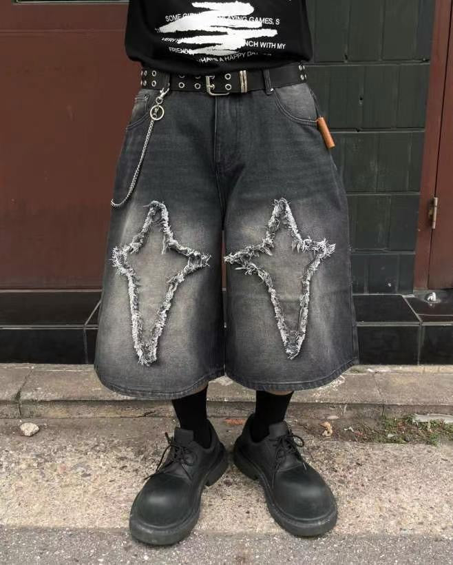 【Unisex】十字星牛仔五分褲 Cross Star Denim Pants