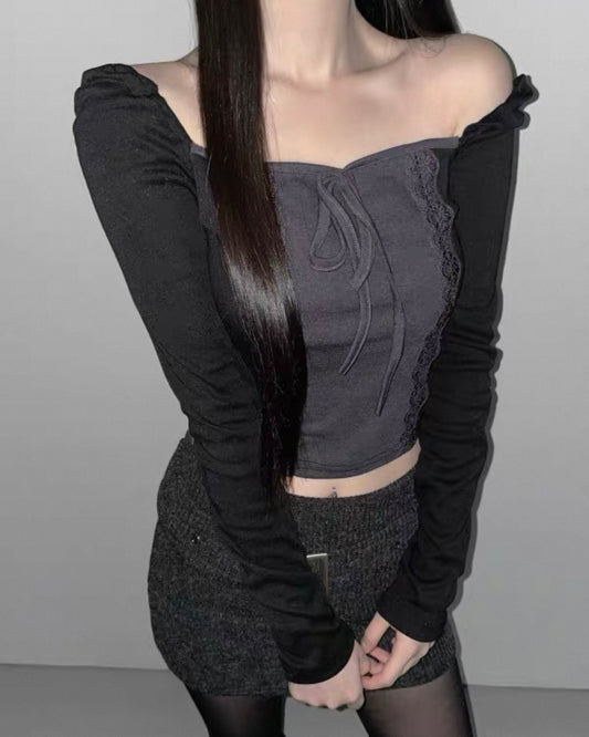 蕾絲拼色一字肩Lace Color-Block Off-Shoulder Top