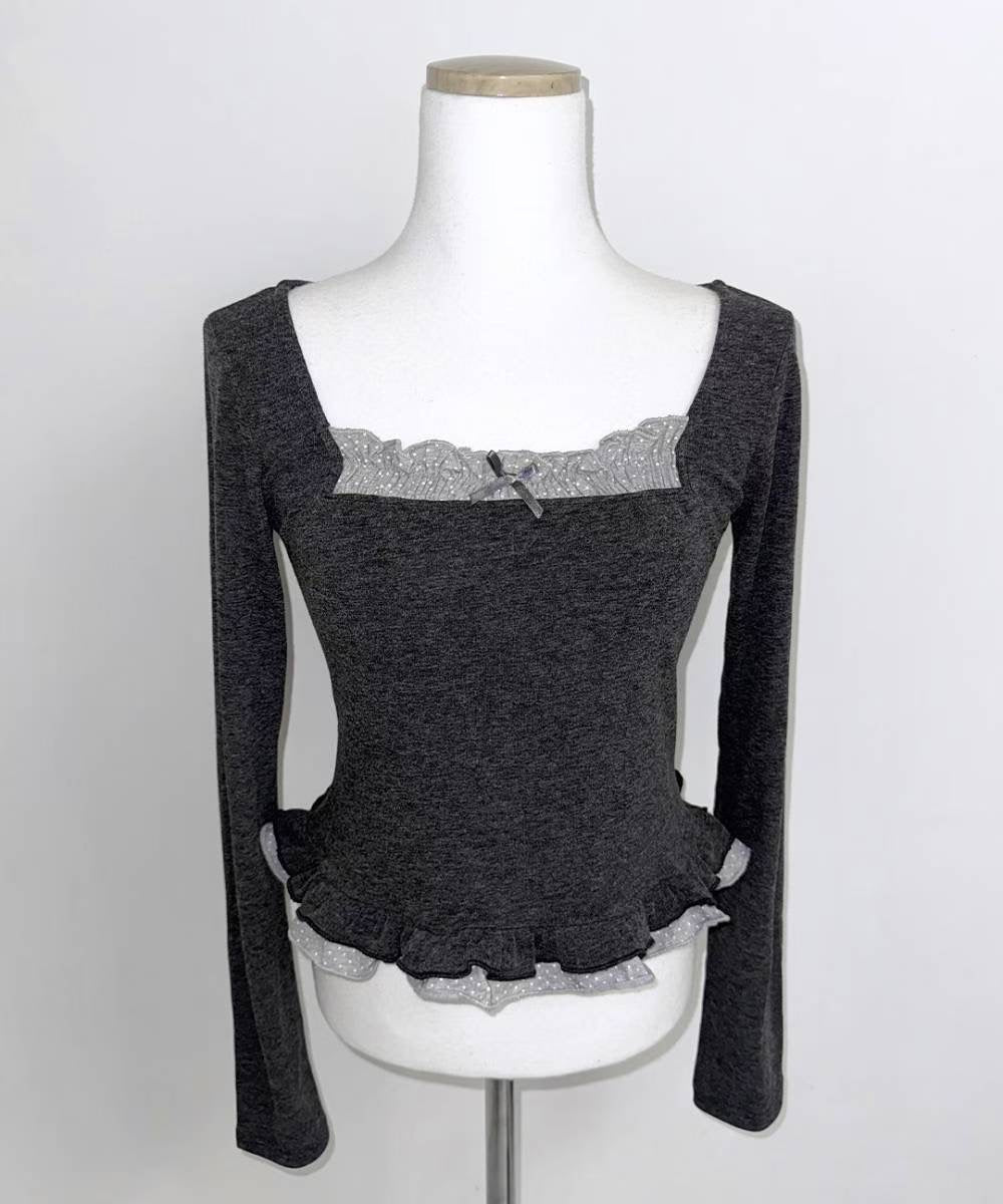 假兩件方領長袖上衣 Square Neck Fake Two-Piece Long-Sleeved Top