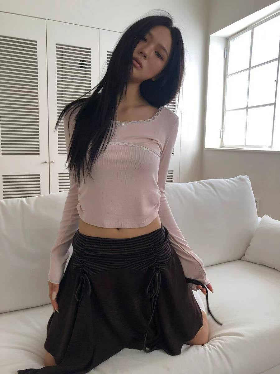 圓領蕾絲皺摺長袖上衣 Round-neck Lace Ruffle Long Sleeves Blouse