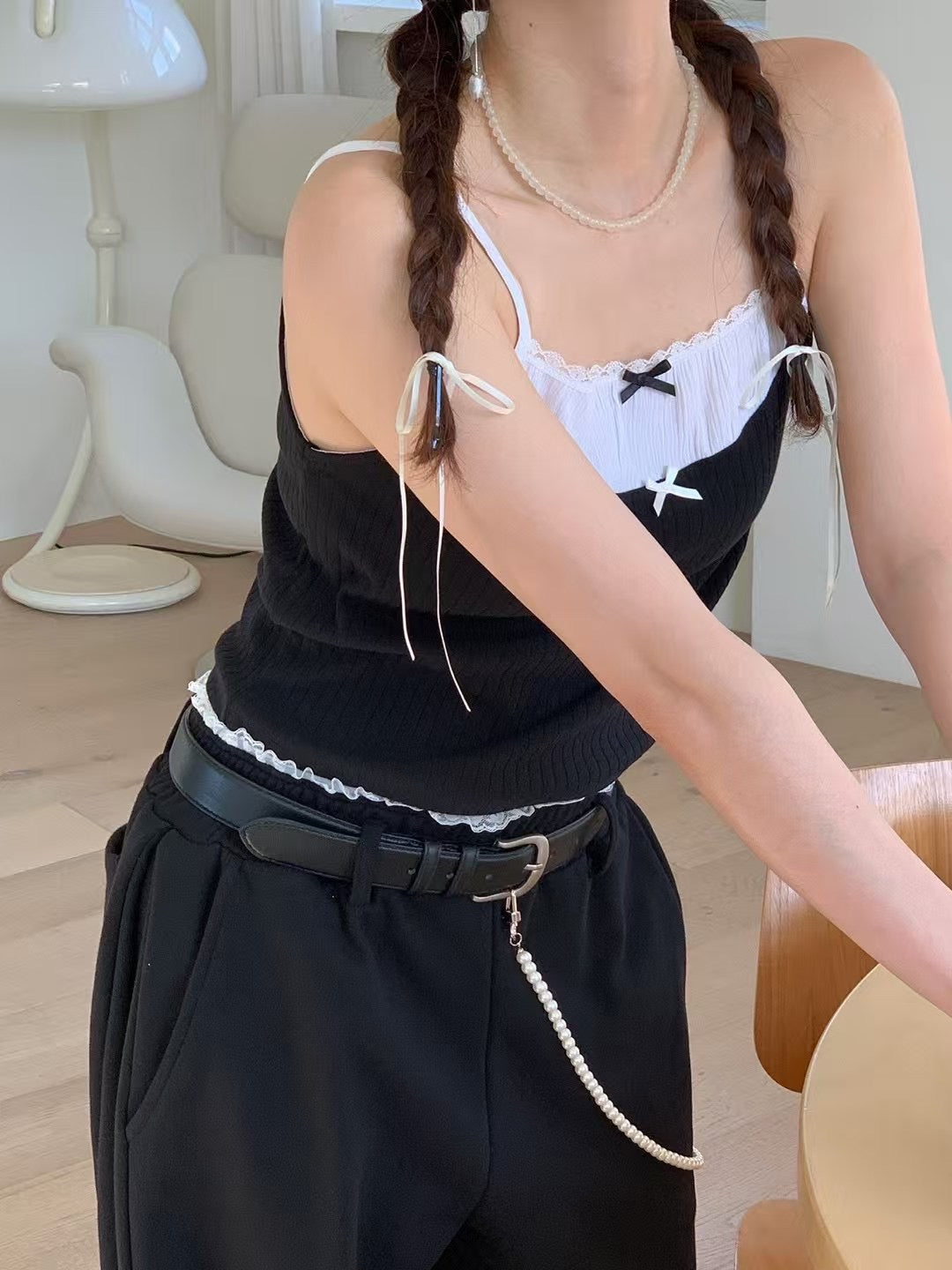 蝴蝶結蕾絲假兩件吊帶 Bow Lace Fake Two-Piece Cami Top