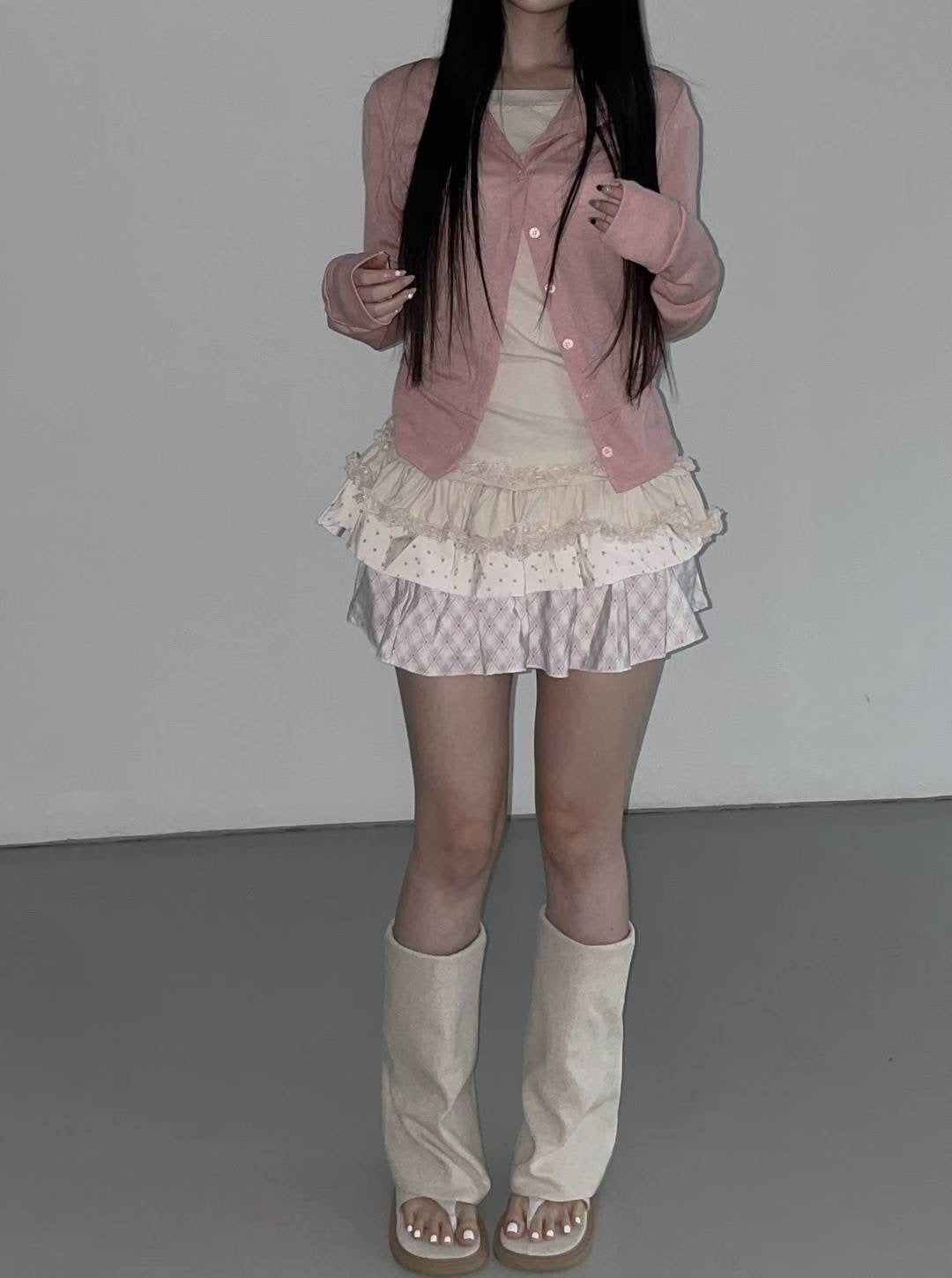 格紋碎花拼接蛋糕裙 Plaid Floral Patchwork Cake Skirt