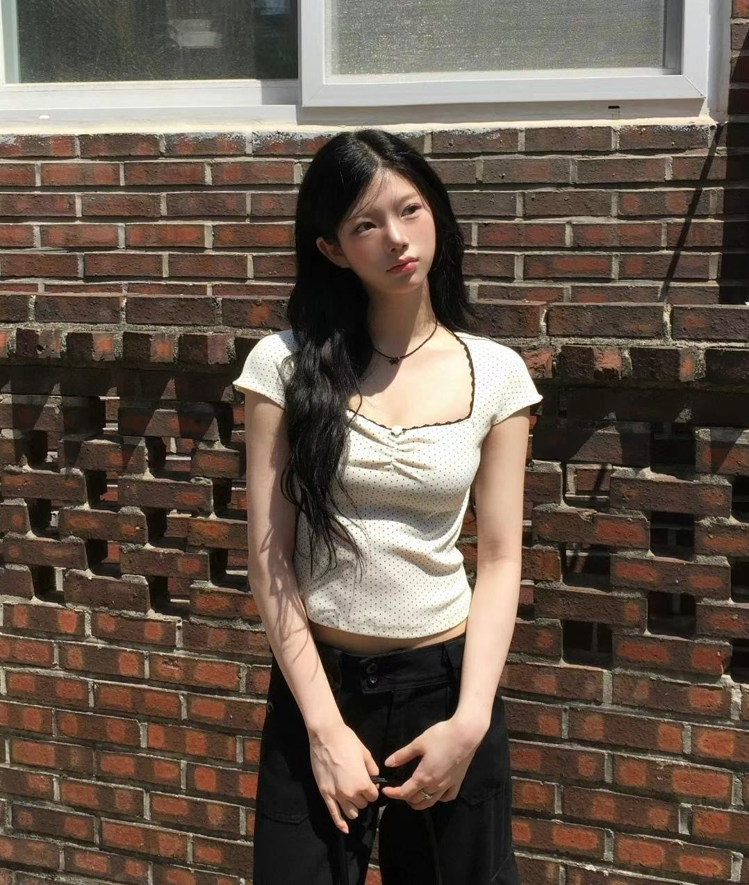 波點方領短袖上衣 Polka Dot Square Neck Short Sleeve Top