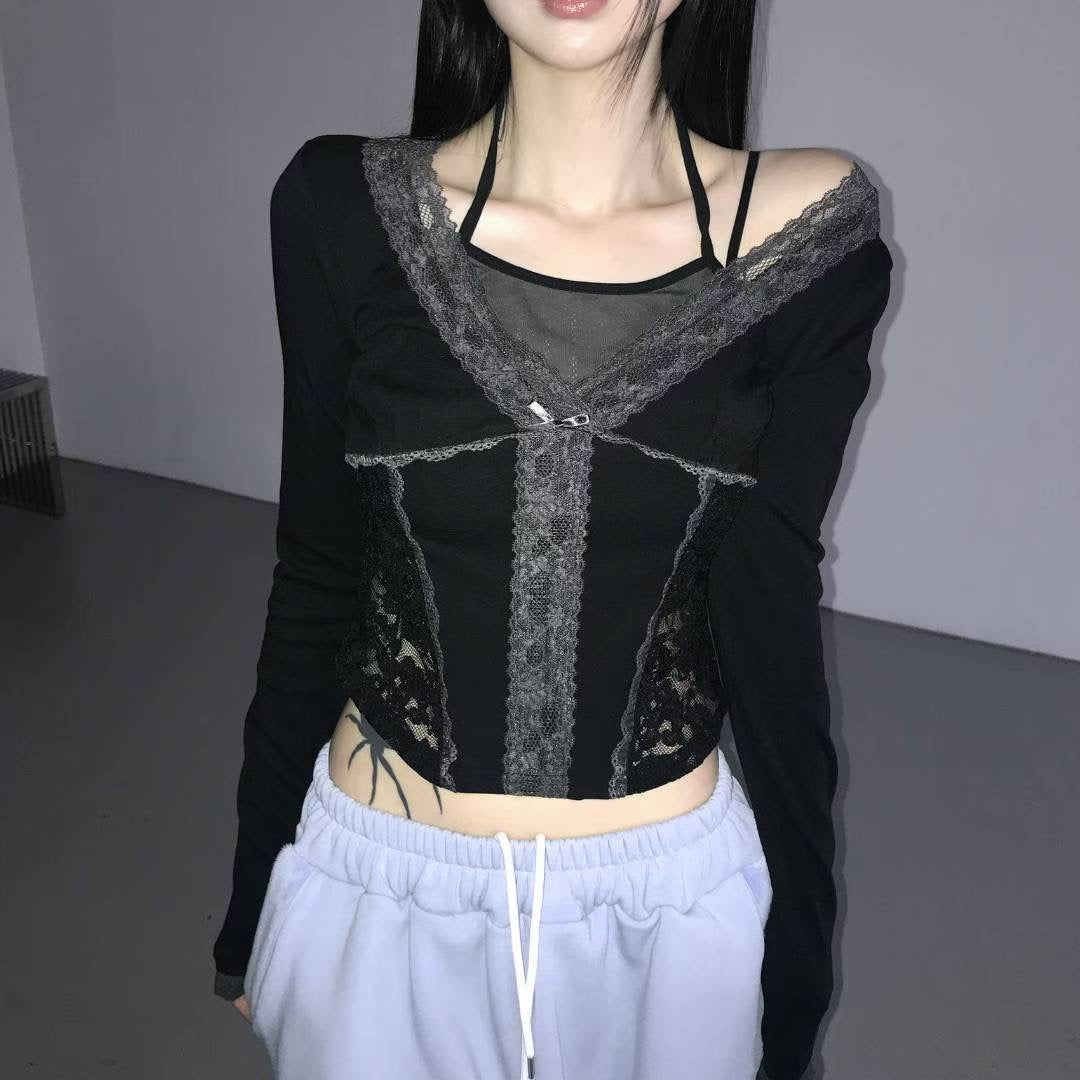 蕾絲假兩件長袖上衣 Lace Fake Two-Piece Long Sleeved Top