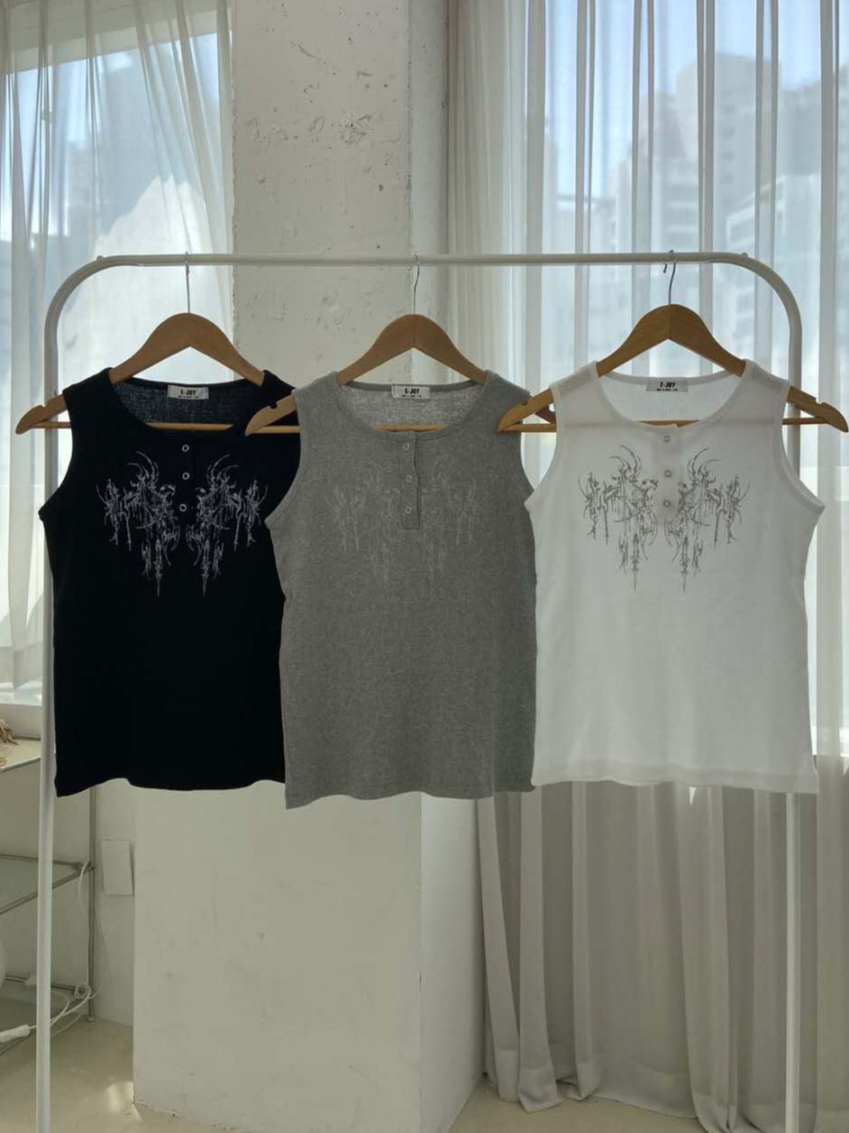 手繪圖騰印花鈕扣背心 Totem Print Button Tank Top