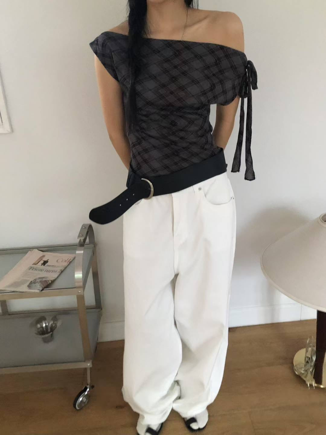 格紋綁帶露肩上衣 Check Tie Off Shoulder Top
