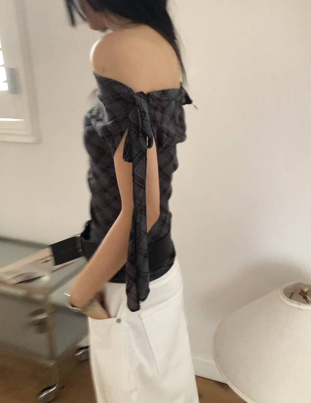 格紋綁帶露肩上衣 Check Tie Off Shoulder Top