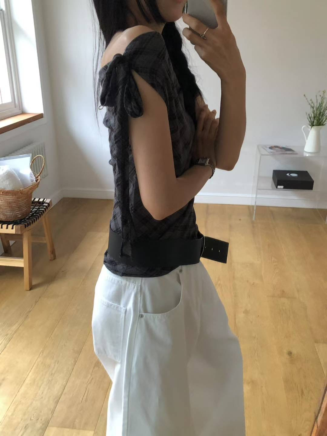 格紋綁帶露肩上衣 Check Tie Off Shoulder Top