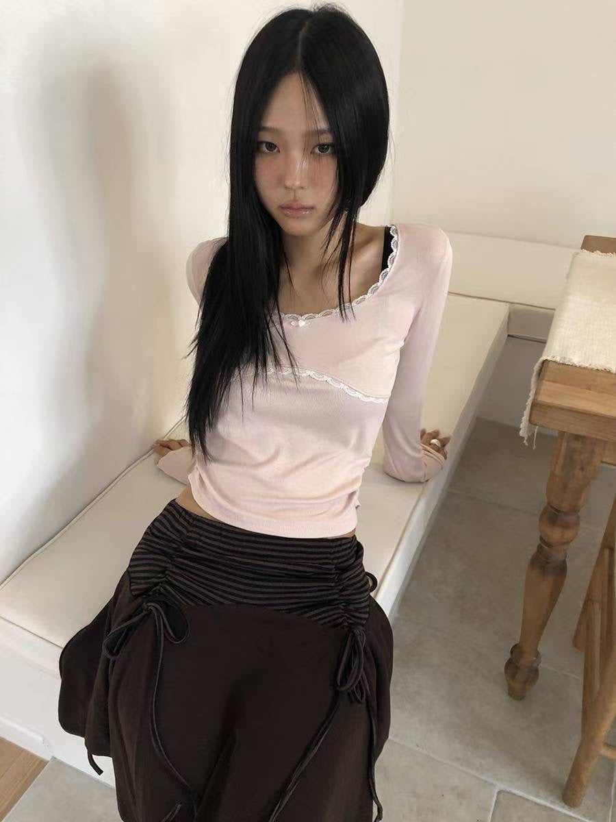 圓領蕾絲皺摺長袖上衣 Round-neck Lace Ruffle Long Sleeves Blouse
