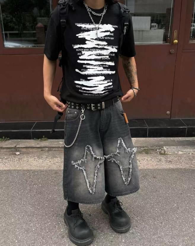 【Unisex】十字星牛仔五分褲 Cross Star Denim Pants