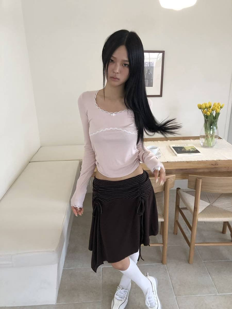 圓領蕾絲皺摺長袖上衣 Round-neck Lace Ruffle Long Sleeves Blouse