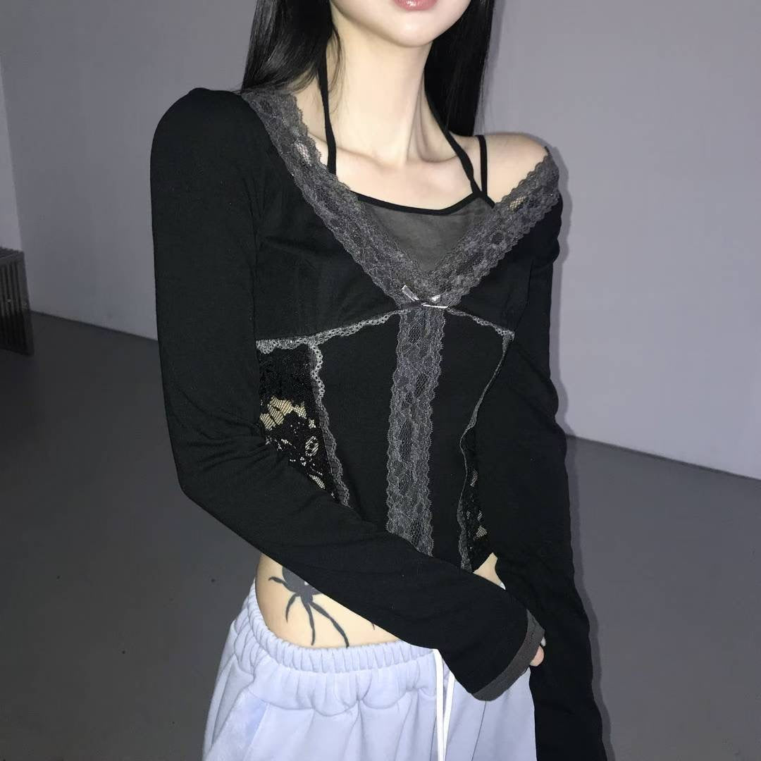Best seller♡蕾絲假兩件長袖上衣 Lace Fake Two-Piece Long Sleeved Top