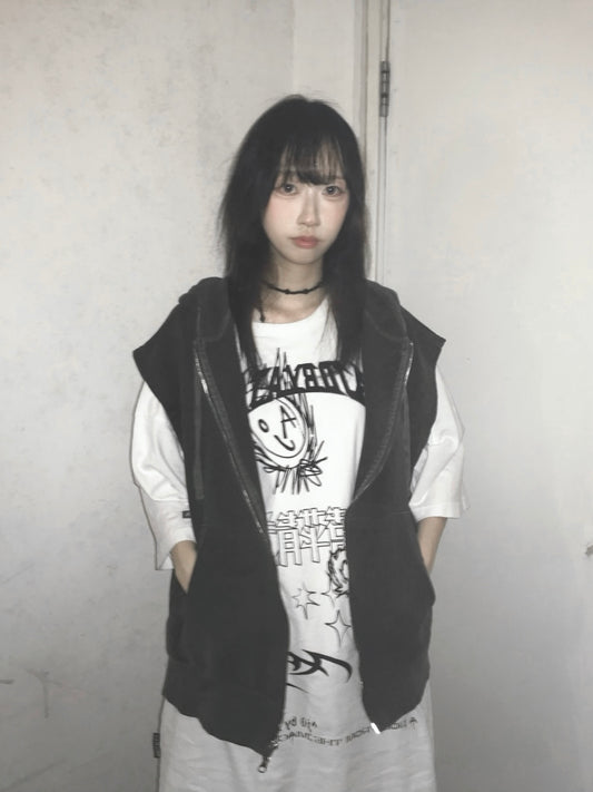 【Unisex】Zip-up Hooded Sweatshirt Vest