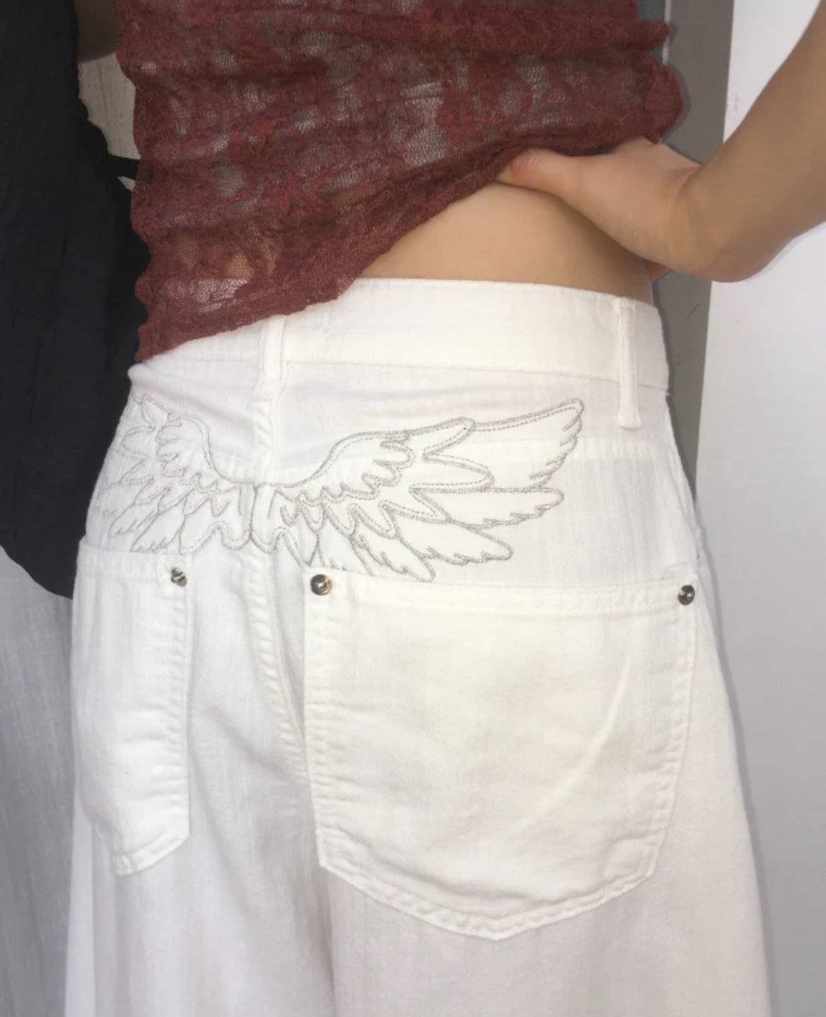 天使翅膀刺繡彎刀褲 Angel Wings Embroidery Wide Pants