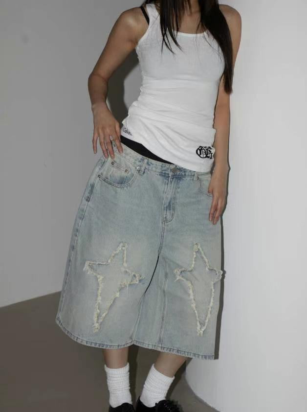 【Unisex】十字星牛仔五分褲 Cross Star Denim Pants