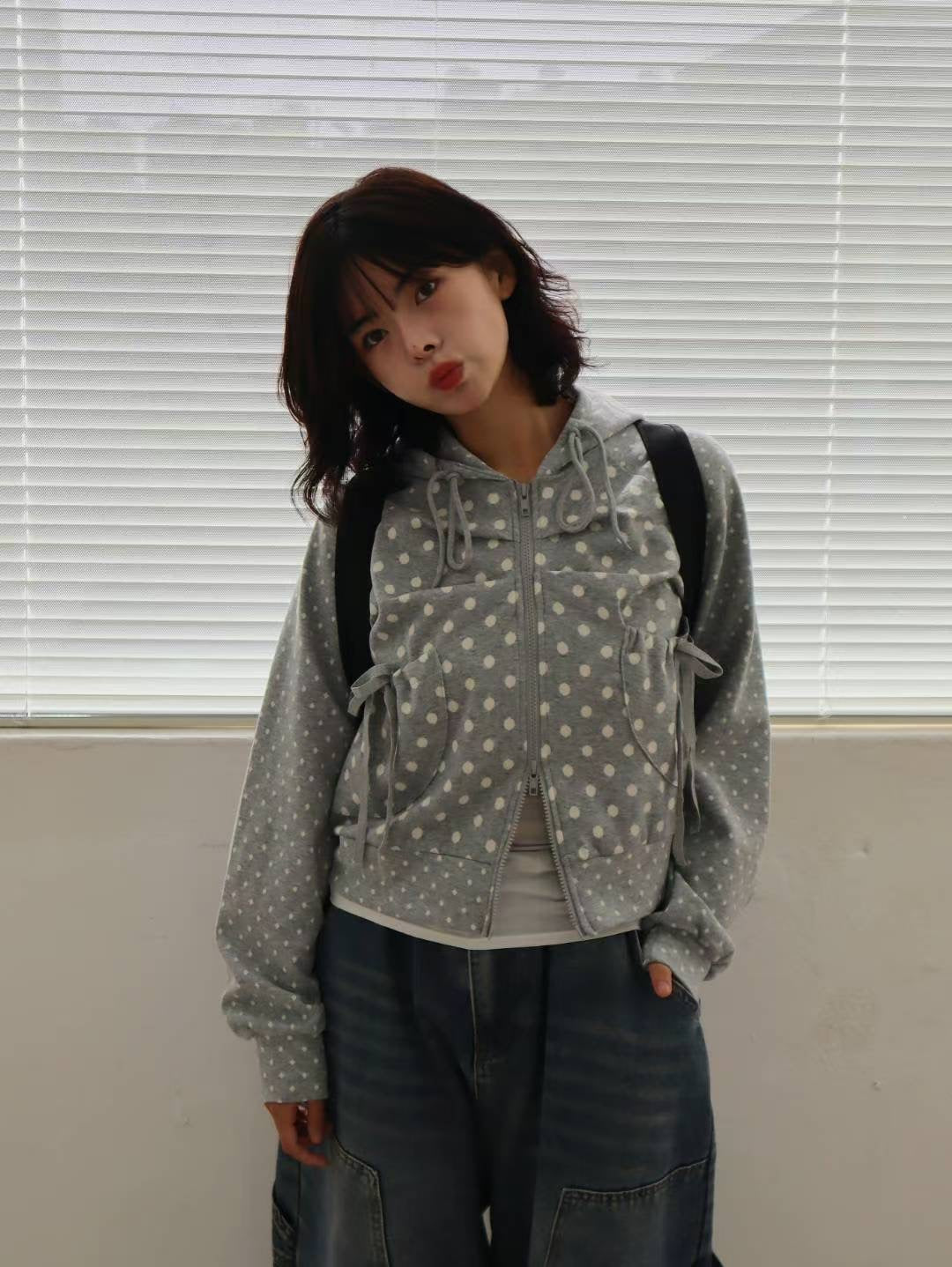 波點雙拉鍊連帽外套 Polka Dot Double Zip Hooded Jacket
