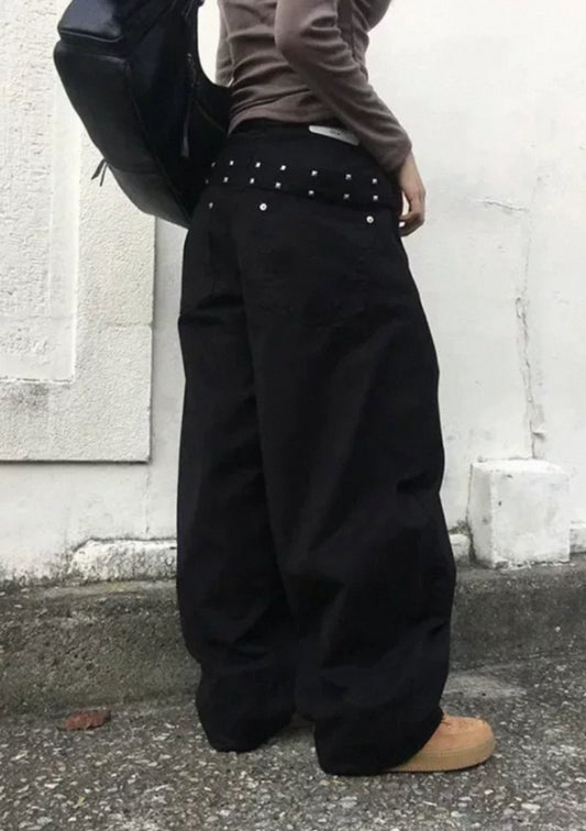 鉚釘腰帶彎刀褲 Rivet Belt Embroidery Wide Pants