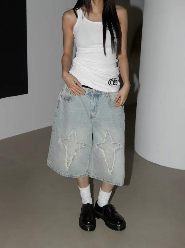 【Unisex】十字星牛仔五分褲 Cross Star Denim Pants