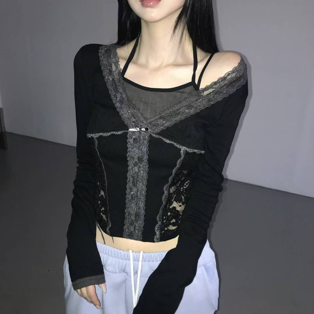 蕾絲假兩件長袖上衣 Lace Fake Two-Piece Long Sleeved Top