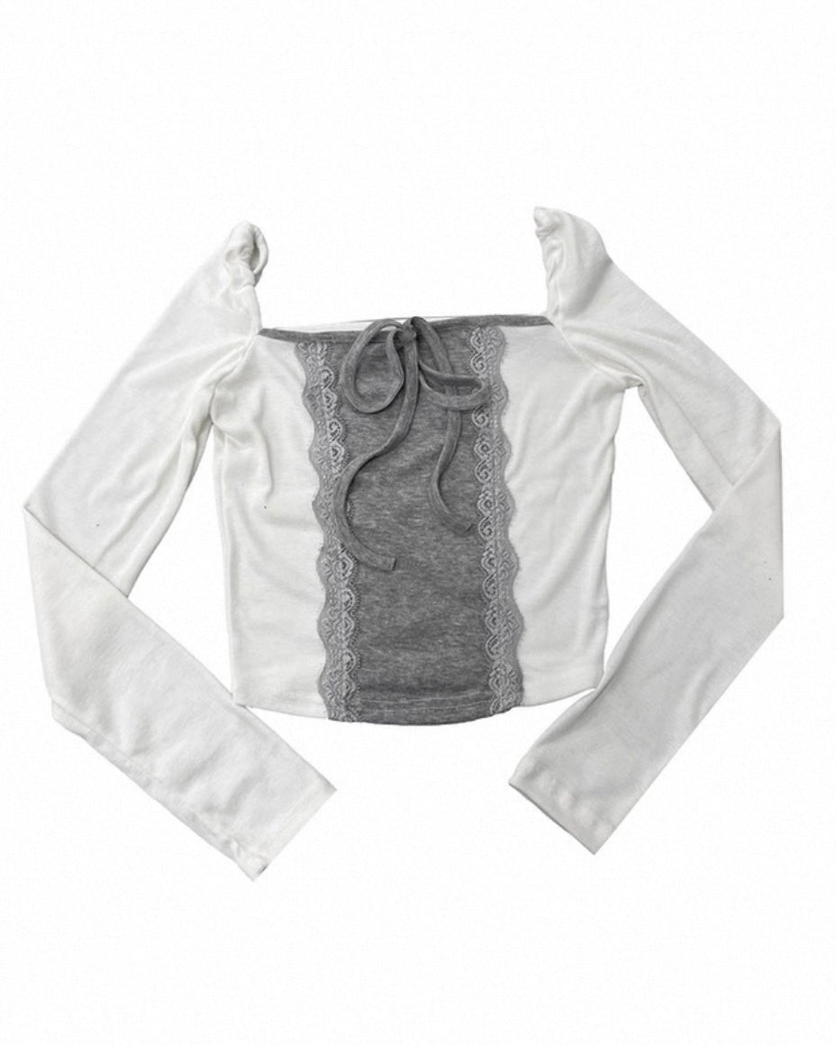 蕾絲拼色一字肩Lace Color-Block Off-Shoulder Top