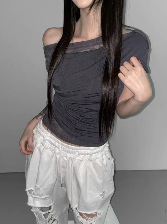 蕾絲皺摺短袖 Lace Pleated Short Sleeves