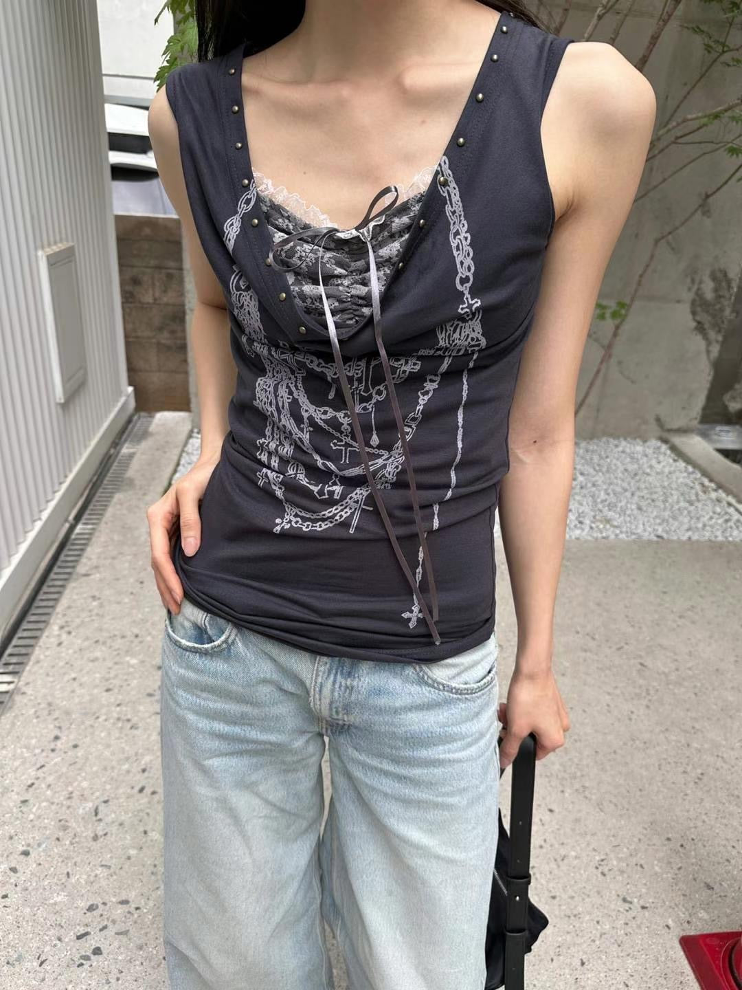 蕩領蕾絲印花背心 Cowl Neck Lace Tank Top