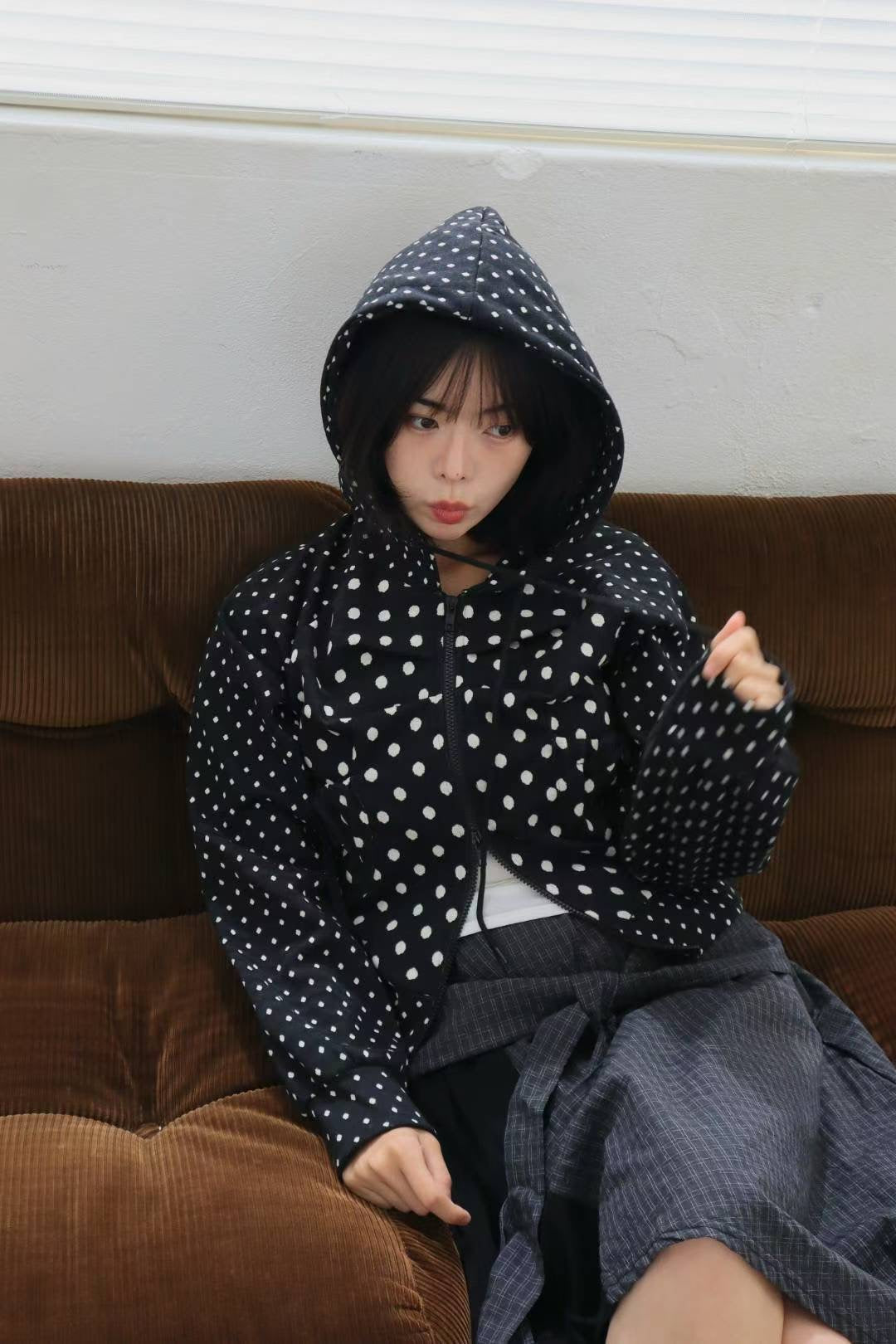波點雙拉鍊連帽外套 Polka Dot Double Zip Hooded Jacket
